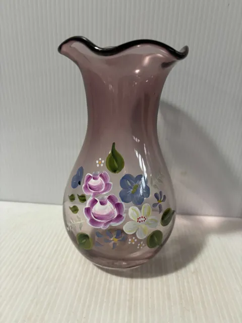 Fenton Purple Amethyst Glass Vase Ruffle Top Art Hand Painted Vase