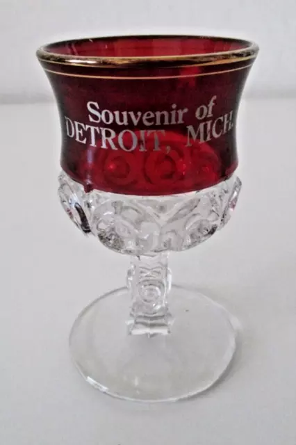 Antique Ruby/Clear Cordial/Wine Glass 3.75" Souvenir DETROIT, MICH AZ60