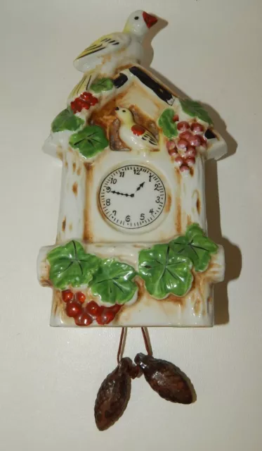 Vintage Art Pottery Porcelain Cuckoo Clock Wall Pocket Vase - Birds Grapes 3