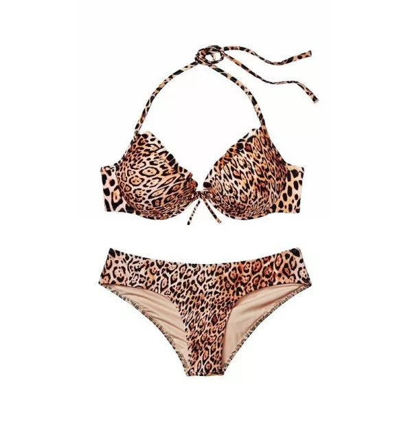 Victoria Secret Swim 38C L Push Up Top Bikini Set Cheeky Bottom back Leopard