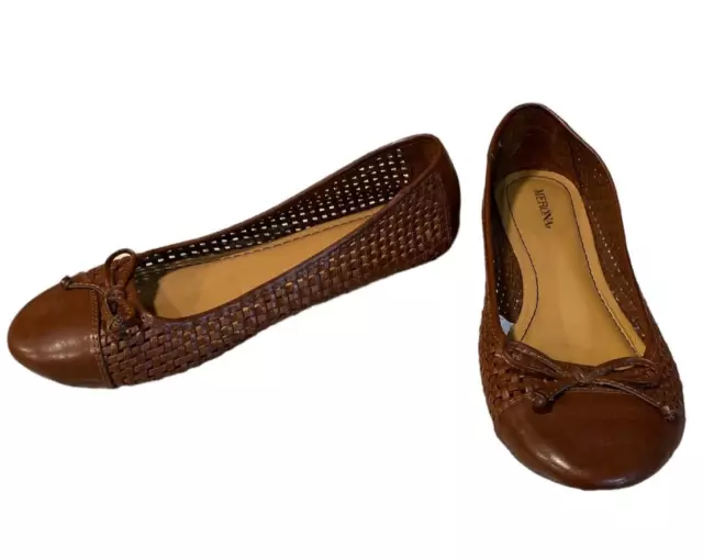 Merona Shoes Womens 9 Ballet Flats  Brown Woven Leatherette- String Bow- Cap Toe