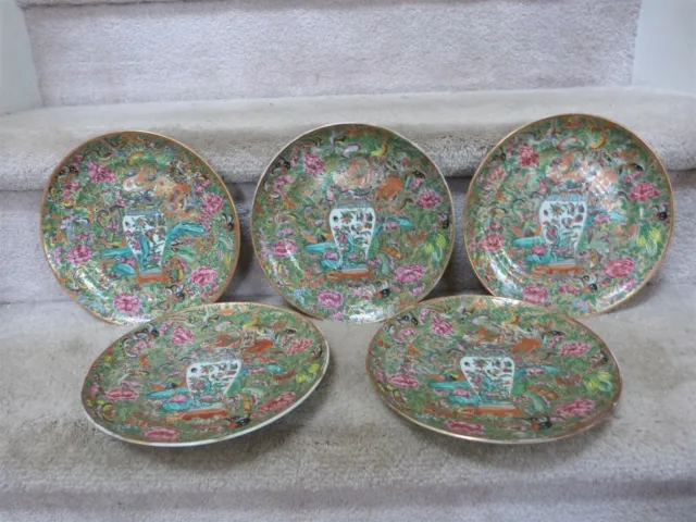 5 RARE ANTIQUE Chinese Export Famille Rose Plates Urn Vase Dragon Butterfly 8.5"