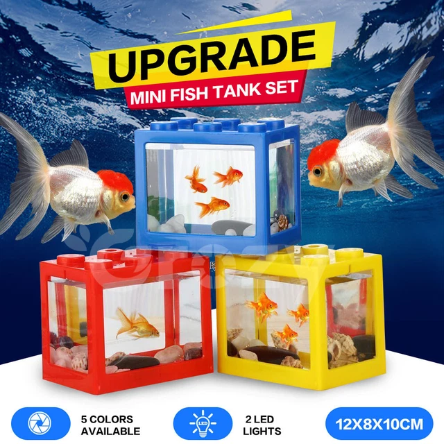 1L Mini Aquarium Lego Block Desktop Small Clear Betta Fish Tank LED Light Office