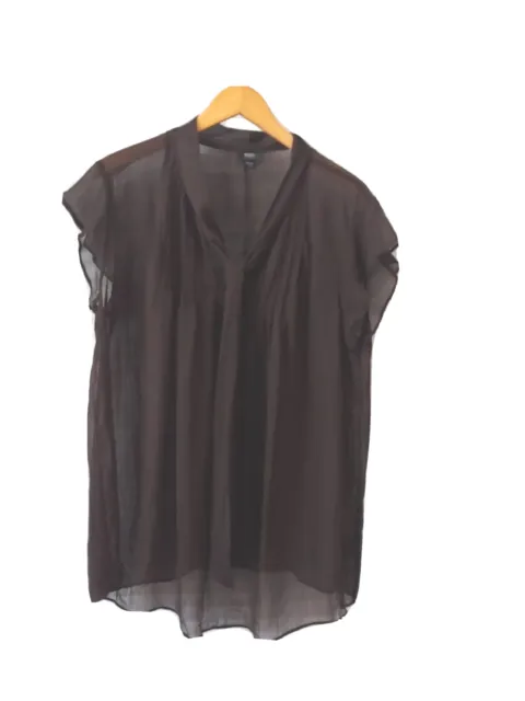 Mossimo Top Womens 20/22W Sheer Brown S/S Tunic Pullover Mock Tie V-Neck Pleated