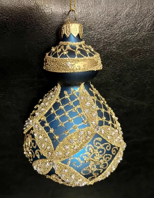 Pier 1 Imports Glass Ornament Faberge Egg Style Gold Beads & Rhinestones Blue