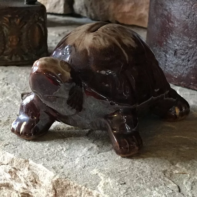 Vintage Piggy Bank Turtle Japan With Stopper For Coins Ceramic Brown Pottery