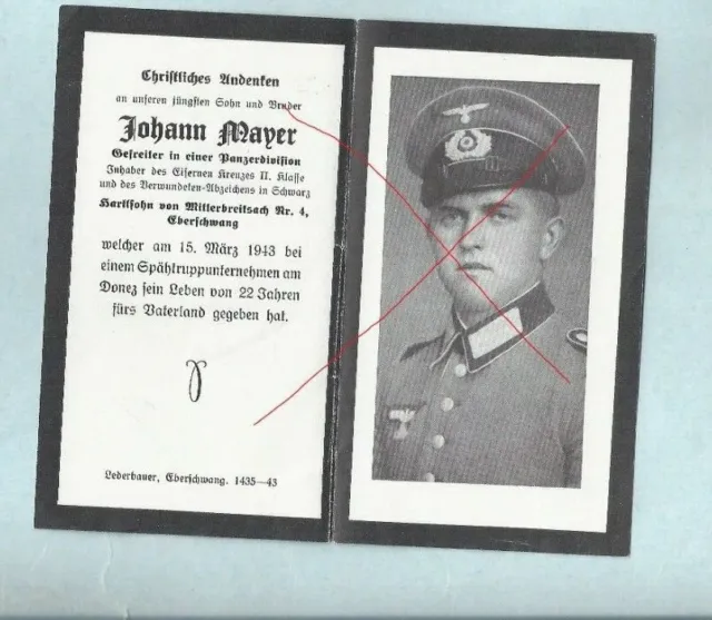 Nr 41662 Sterbebild deathcard Panzer Soldat Orden 1943 am Donez Eberschwang