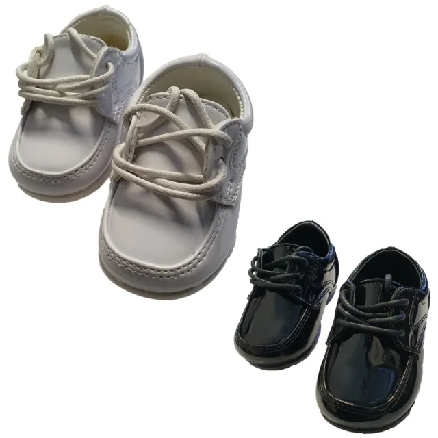 Baby Boys Patent Boat Black White Spanish Lace Up Pram Shoes Boots UK 2-7 Infant