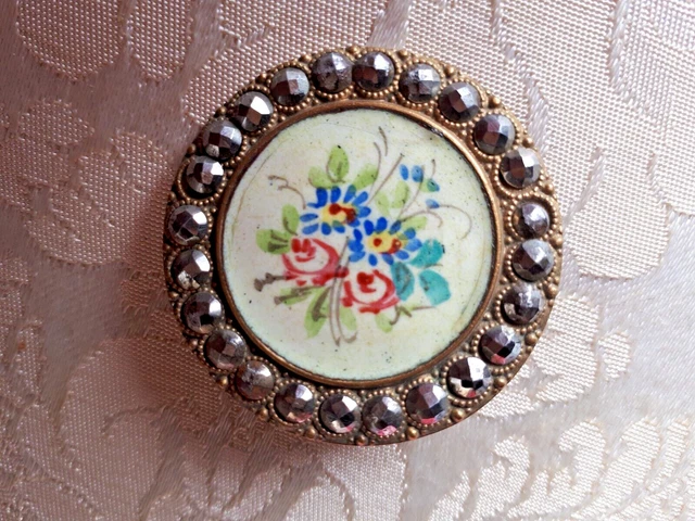 Grand  Bouton Emaille Peint A La Main Xix Eme Diametre 3,7 Cm