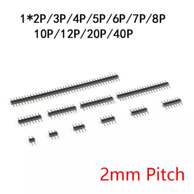 2/3/4/5/6/7/8/10/12/20/40P Single Row Strip 2mm Pin Header Connector Straight