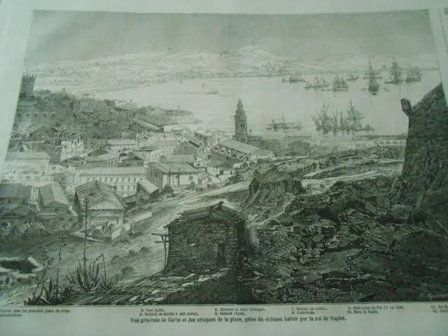 1861 engraving - view of Gaëte et des attacks de la plateau Chateau Roi de Naples