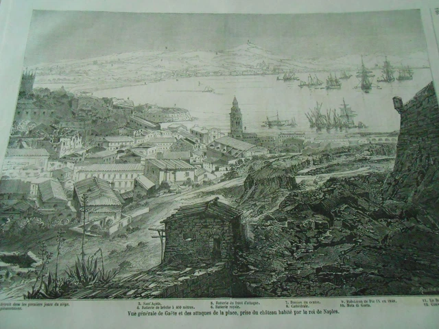 1861 engraving - view of Gaëte et des attacks de la plateau Chateau Roi de Naples