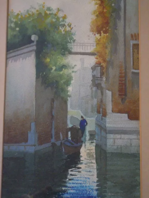 Signed Original Watercolour Painting.Venetian Town Scene Gondola on Venice Canal