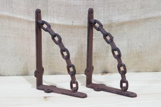 2 Cast Iron Brackets Chain Man Cave Braces Shelf Corbels Nautical Decor Rustic