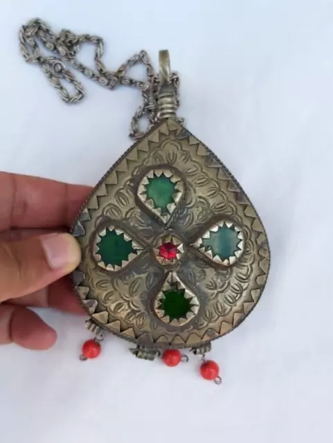 Old Vintage African Tuareg Necklace Green Stones Berber Big Pendant Tribal