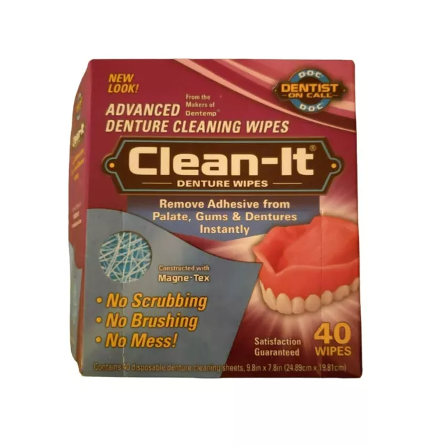 Clean-It Denture Wipes Removes Denture Adhesive D.O.C. Dentist on Call Open Box