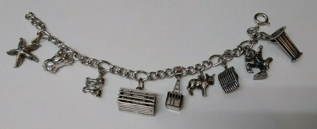 Vintage Sterling Charm Bracelet ~ Lobster Trap, VW Bug, Ski Lift, Equestrian  MG