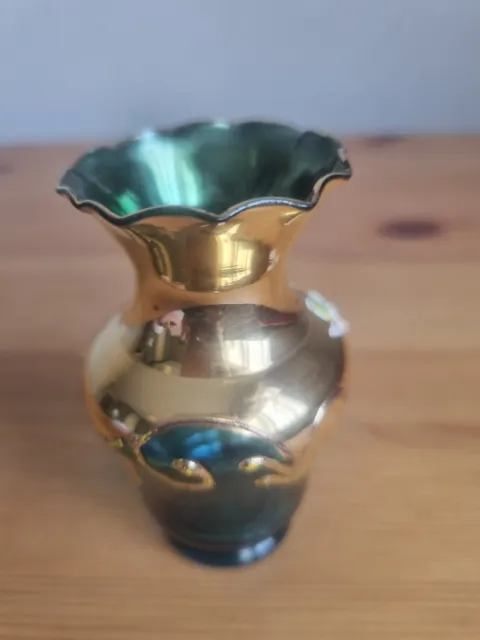 Vintage Vase Bohemian Glass  Turquiose, Enamel Flowers, Gilded.