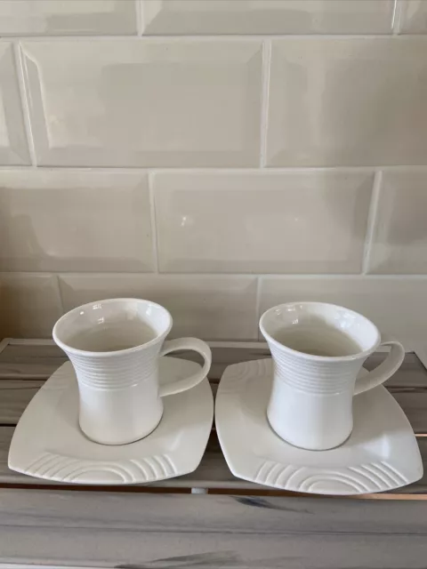 2 Belleek Living white Art Deco style cups & saucers