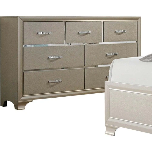 Wooden Seven Drawer Dresser with Bracket Legs, Champagne Gold 7-drawer