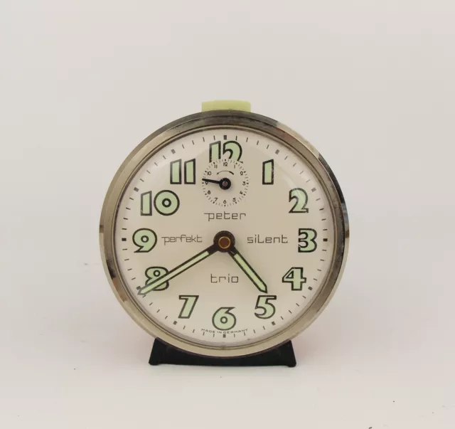 Vintage 1970s Alarm Clock PETER TRIO Silent German Chrome Table Desk Clock