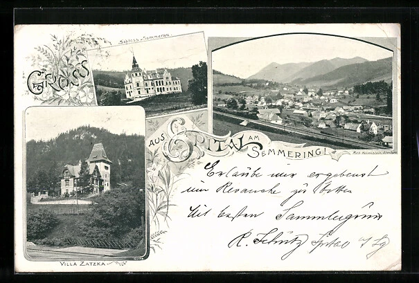 AK SPITAL AM Semmering, Ortsansicht, Villa Zatzka, Schloss Sommerau