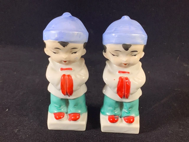 Ceramic Japanese Boy Figure, Red Tie, Blue Cap, Ponytail 4"