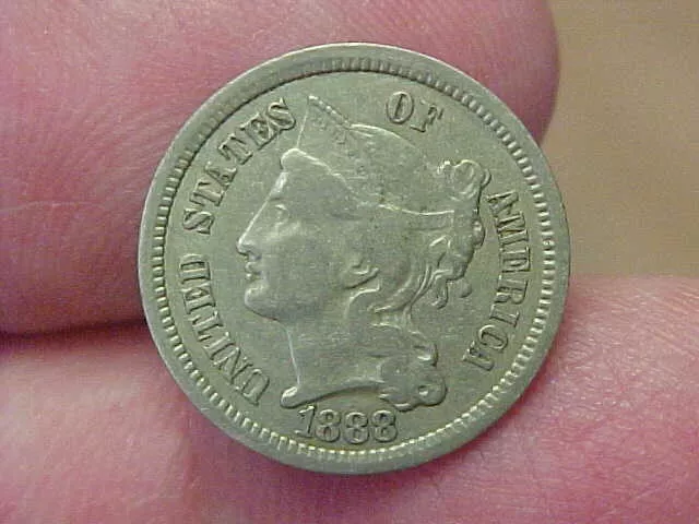 Very Fine Scarce 1888 3 Three Cent Nickel Full Rim Date Lettering Columns Toned