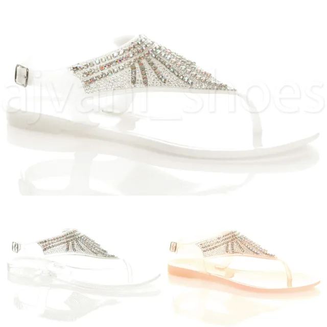 Womens Ladies Flat Diamante T-Bar Buckle Jelly Beach Toe Post Sandals Size