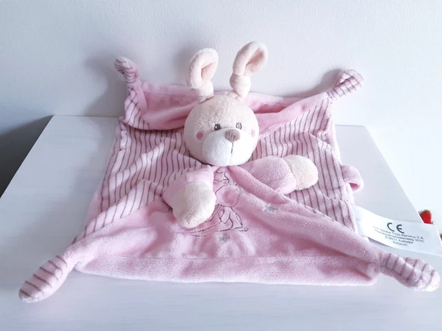 NICOTOY doudou lapin bleu A B C carré rayé