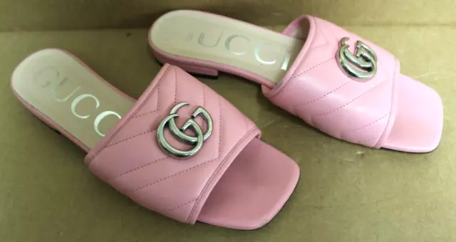 Gucci Marmont PINK Silver GG Interlocking Metal Logo Mule Flat Slide Sandal 6.5