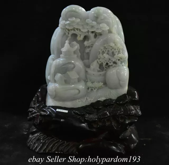 8.8" Chinese Natural Emerald Jadeite Jade Carved Mountain Tree House Duck