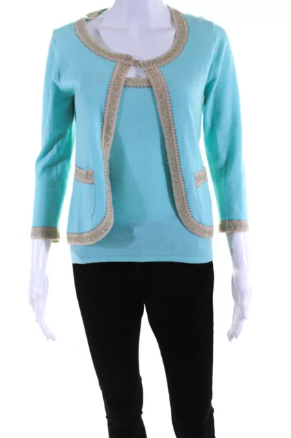 Escada Womens Cashmere Jeweled Cardigan Twinset Blue Beige Size EUR 36