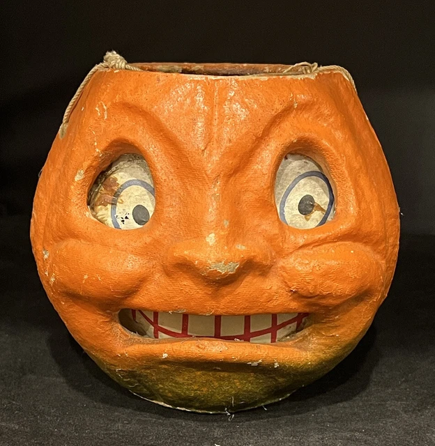 VINTAGE 1940’S HALLOWEEN Paper Mache Jack O Lantern Pumpkin Pail 6