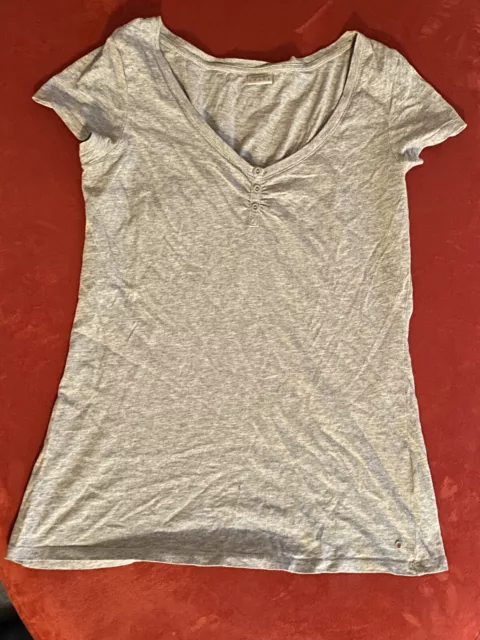 Esprit Damen Henley T-Shirt grau Gr. L ~40 - wie neu - Kurzarm Freizeit