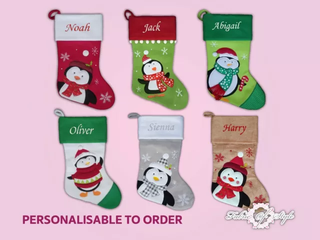 Personalised Christmas Stocking  Luxury Embroidered Xmas  Gift  Penguin