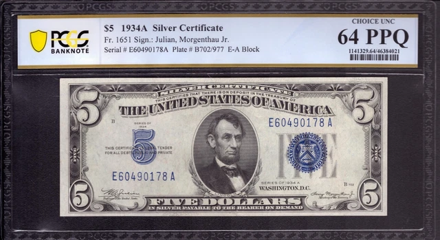 1934 A $5 Silver Certificate Note Fr 1651 Ea Block Pcgs B Choice Unc 64 Ppq