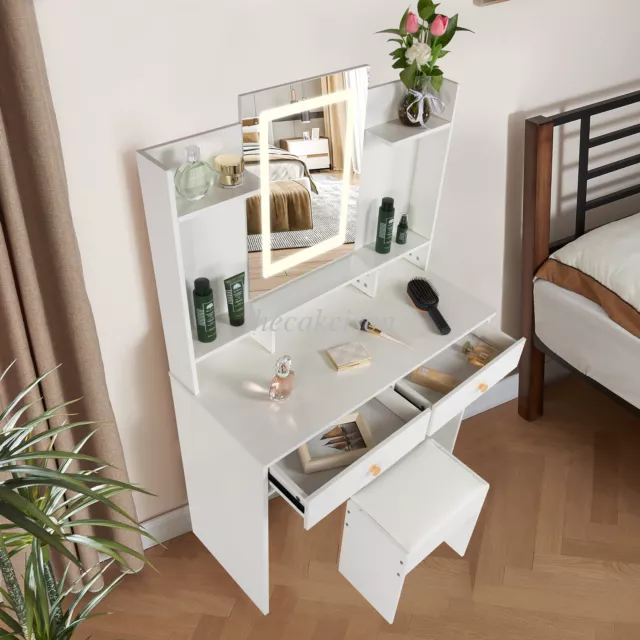 Dressing Table Stool Set w/ LED Light Drawer Mirror Bedroom Vanity Makeup Desk