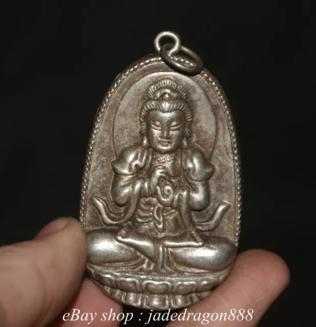2.2" Chinese Marked Silver Sit Lotus Kwan-yin Guan Yin Goddess Statue Pendant