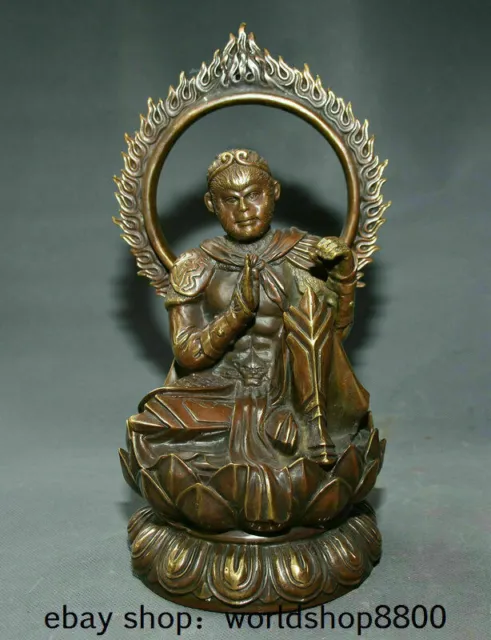 10" Old Chinese Red Copper Folk mythology Monkey King Sun Wukong Lotus Statue