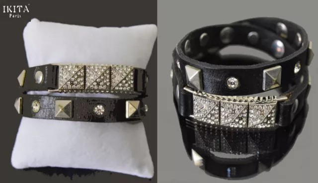 Bracelet IKITA Paris Strass Wrap à Enrouler Similicuir Rivets Noir