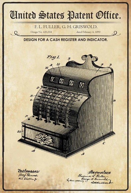 . US Patent Caja Registradora 1890 Letrero de Metal Cartel Lata 20 X 30CM P0303
