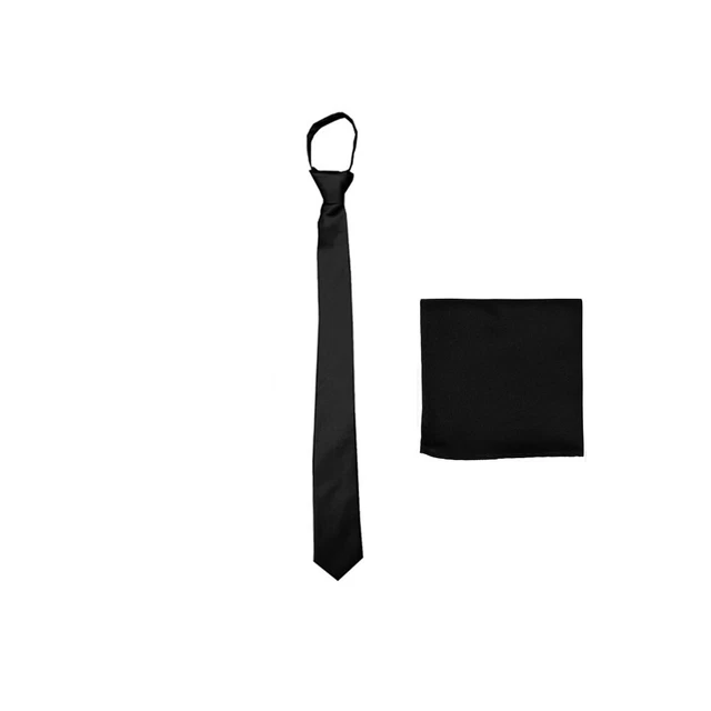 New Poly Men skinny ready knot zipper pre tied neck tie and hankie formal Black