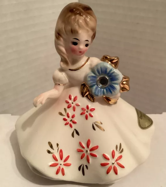 Josef Originals December Birthday Girl Figurine 1960s Christmas December Zircon