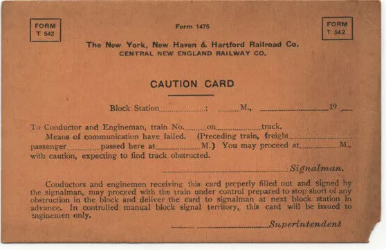 Rare 1920's New York, New Haven, Hartford Railroad New England Co Caution Card/