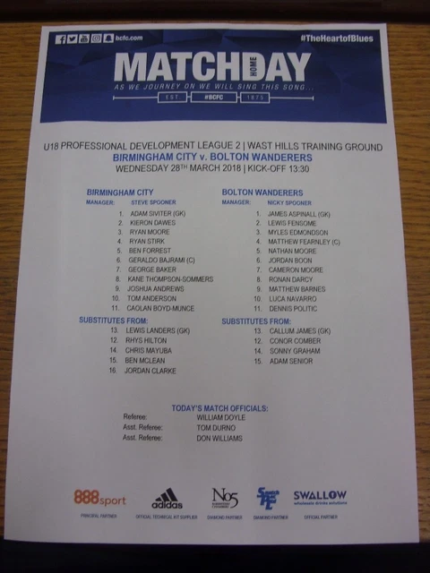 28/03/2018 BIRMINGHAM CITY Youth v Bolton Wanderers Youth [At Wast