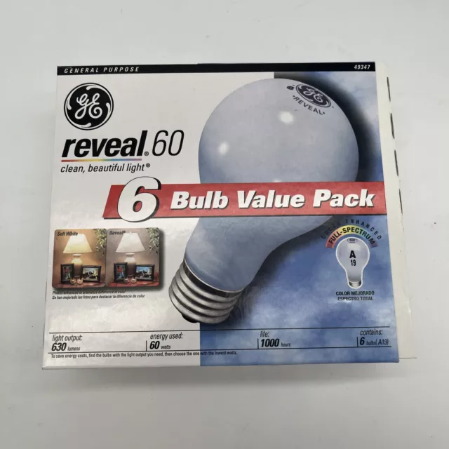 GE Reveal 60 Watt Incandescent Clean Beautiful Light 1 Pack/6 Bulbs