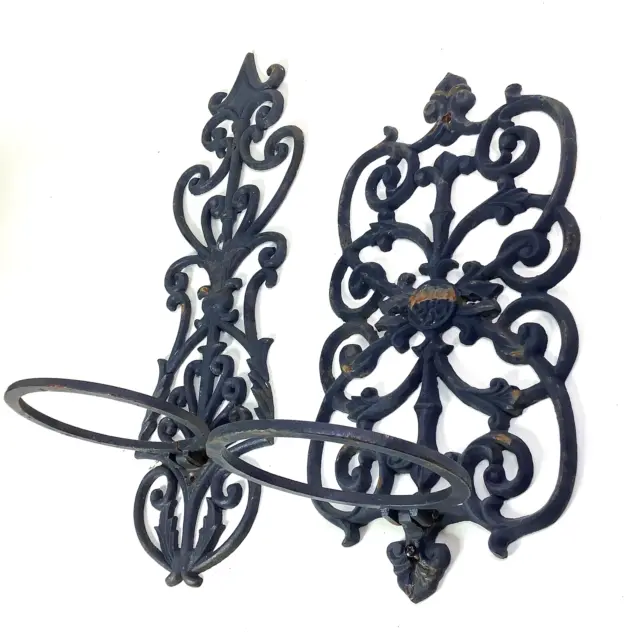 Pair Ornate Cast Iron Wall Sconces Hangers Flower Pot Holders Collapsible Rings 2