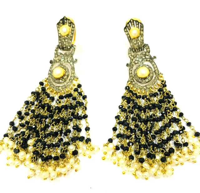 Natural Rosecut Diamond Polki Black Onyx Beads Handmade Victorian Earring