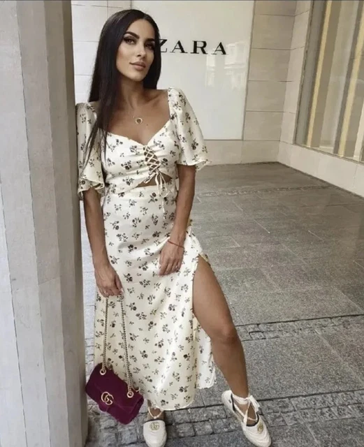 ZARA CREAM FLORAL Summer Cut Out Midi Dress Blogger Thigh Split